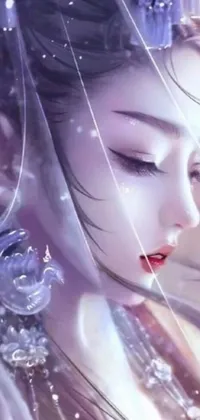 This stunning live wallpaper depicts a glamorous and alluring geisha with tears flowing down her cheeks, set against a serene peace scene