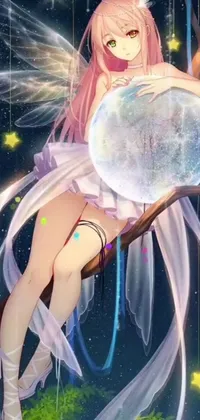 This mesmerizing phone live wallpaper features an exquisite anime drawing of a girl sitting on a tree branch and holding a magical crystal ball