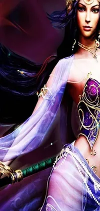 This smartphone live wallpaper showcases a captivating image of a woman donning a belly dancer's outfit, holding a shining sword in her hand