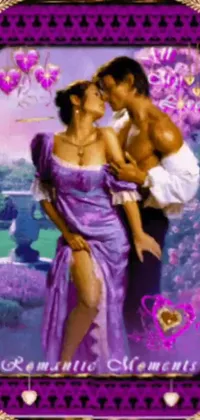 This stunning live wallpaper features a romantic scene of a man and woman embraced in a passionate kiss, set against a vibrant purple background