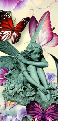 This phone live wallpaper depicts a fairy statue sitting on a flower in an airbrush painting style
