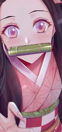 This live wallpaper showcases an elegant woman with dark locks holding a bamboo in her mouth