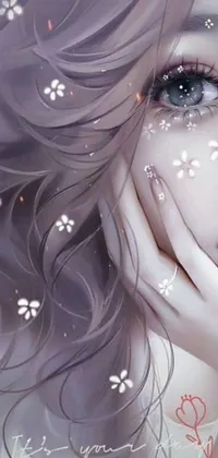 This beautiful phone live wallpaper features an anime-inspired drawing of a woman with flowers adorning her face
