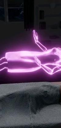 This stunning live wallpaper features a holographic image of a purple body floating on a bed under a neon light