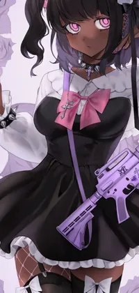 Get a taste of edginess with this phone live wallpaper featuring a gun-wielding woman in a purple and white dress uniform holding a syringe