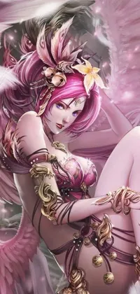 This beautiful phone live wallpaper features stunning fantasy artwork with a pink-haired woman seated on a rock