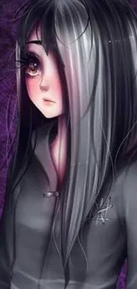 Looking for a visually striking live wallpaper for your phone? This gothic-inspired anime drawing features a mysterious girl with long black hair and piercing white eyes