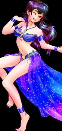 This phone live wallpaper features a stunning digital art image of a woman wearing a flowing blue dress as she dances gracefully