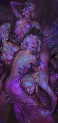 This distinctive phone live wallpaper features a remodeled cosmic horror painting in the form of naked women resting on a bed, amid a chaotic swirl of pink slime, made from a lustrous purple metal mixture