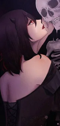 This gothic anime phone wallpaper showcases a stunning image of a pale anime girl, wearing a black dress