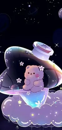 This live wallpaper depicts a charming teddy bear seated on a white cloud set against a gorgeous galaxy in a bottle with shades of blue, purple, and pink