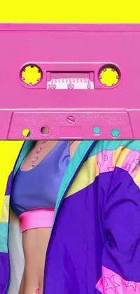 Get this fun and colorful phone live wallpaper featuring a woman wearing pink clothes, with a pink cassette on her head and headphones