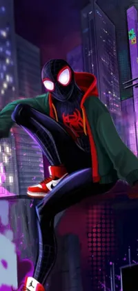 This dynamic anime-style live wallpaper features Spider-Man sitting on a high ledge overlooking a sparkling purple and blue lit city below