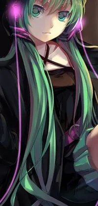 This live phone wallpaper features a digital art creation of a girl with long green hair