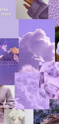 This dreamy live wallpaper is a beautiful collage of purple and white images that include fantasy creatures, nature illustrations, and geometric shapes