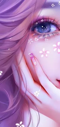 This phone live wallpaper features a captivating work of digital art that showcases a girl with incredible purple hair adorned with beautiful flowers