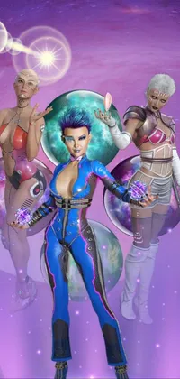 This space-themed live wallpaper features a group of women in futuristic jumpsuits, standing together in zero gravity against a starry backdrop
