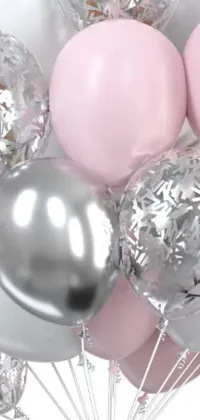 Looking for a fun and whimsical live wallpaper for your phone? Check out this design! It features an assortment of silver, pink, and white balloons floating on the screen, with a high-quality screenshot of a Youtube video included