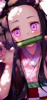 Looking for a unique and vibrant phone live wallpaper? Check out this stunning design featuring a girl with long hair and a bamboo in her mouth, along with vivid purple eyes and a piercing gaze