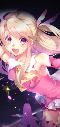 This phone live wallpaper features a charming anime drawing of a girl wearing a pink dress as she elegantly flies through the air