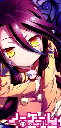 This phone live wallpaper features an anime character with vivid purple eyes and dark hair laying on a checkered floor