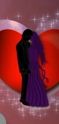 This live phone wallpaper features a couple hugging in front of a heart, with beautiful shades of purple and black