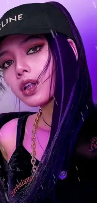 This cyberpunk art inspired phone live wallpaper features a black and purple hat-wearing individual dressed in stylish, gritty clothing, looking up with a fierce and serious expression