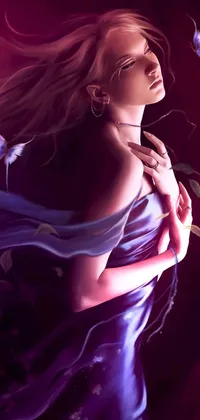 This phone live wallpaper showcases a mesmerizing piece of digital art featuring a captivating woman garbed in a regal purple gown