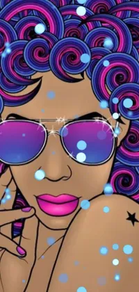 Introducing a vibrant and playful live wallpaper for your mobile device! The design features a stylized woman with curled purple hair and large pink sunglasses