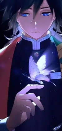 This stunning live phone wallpaper features an anime drawing of a person holding a butterfly