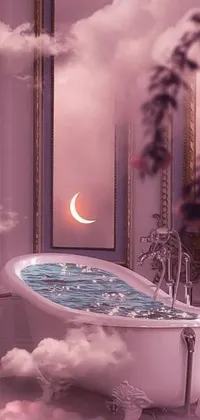 This live wallpaper features a quaint bathroom with a vintage bathtub, set against a beautifully illustrated moonlit purple sky complete with sparkling stars and various phases of the moon