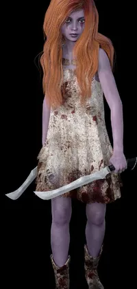 Looking for a thrilling live wallpaper that will give you goosebumps every time you unlock your phone? Check out this captivating digital rendering featuring a zombie woman holding a knife! From her piercing purple eyes to her long fiery red hair, every detail has been meticulously crafted, making her look hyperrealistic and ready to come alive