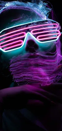 This phone live wallpaper features a digital artwork of neon glasses with glowing lines, geometric shapes, and neon lights