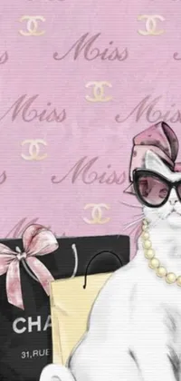 This live wallpaper for your phone features a playful and quirky design of a white cat wearing sunglasses and a pearl necklace