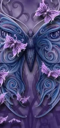 This live phone wallpaper depicts a stunning purple and blue butterfly against a deep purple backdrop, boasting an art nouveau design of 3D curves and swirls