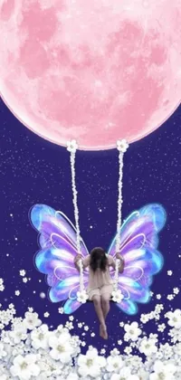 This stunning phone live wallpaper features a whimsical scene with a cat on a swing, a pink moon, and delicate flowers
