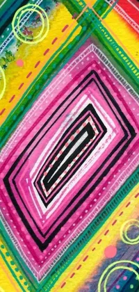 This live wallpaper features an abstract design inspired by geometric and neon Aztec styles, showcasing fun and vibrant watercolor pendulum lines that move with a gentle touch, in shades of warm pink, orange, and yellow
