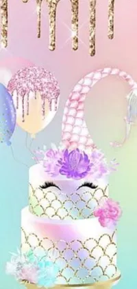 This live phone wallpaper features a whimsical, digital rendering of a birthday cake atop a table