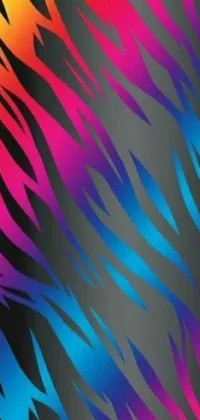 "Get ready to elevate your phone's style with this bold and colorful live wallpaper! A stunning pattern of tiger stripes in pink and blue gradients stands out against a sleek black background, while metallic patterns add texture and shine