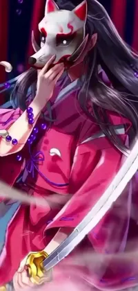 This live wallpaper for mobile phones features a stunning anime drawing of a sword-wielding woman wearing a mask