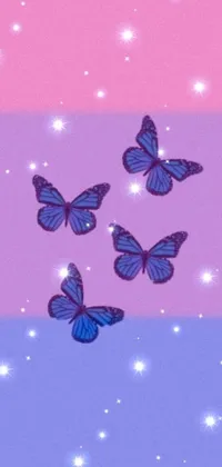 This beautiful and unique phone wallpaper showcases a delightful group of blue butterflies soaring over a stunning background with a mix of pink and blue tones