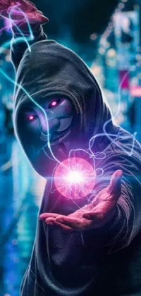 This phone live wallpaper features a captivating digital art of a person holding a glowing ball while wearing a hooded sweatshirt