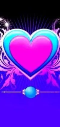 This phone live wallpaper features a digital art design, showcasing a pink and blue heart with ornate details and patterns on a vibrant purple background