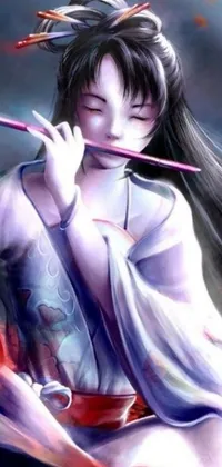 This phone live wallpaper depicts a beautiful digital airbrush painting of a woman playing a flute