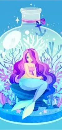 This mesmerizing phone live wallpaper features a beautiful vector art of a mermaid sitting inside a glass bottle, surrounded by a comforting canva background