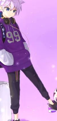 This phone live wallpaper is a popular anime drawing featuring a person with a suitcase and soccer ball amidst a vibrant purple backdrop