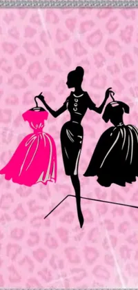 This retro-style phone live wallpaper features a trendy and bold sketch of a woman standing next to a dress on a mannequin