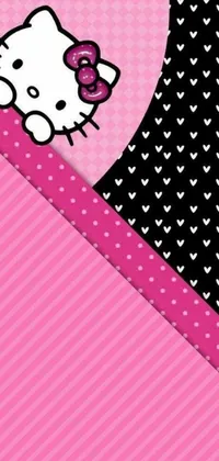 This phone live wallpaper features a cute and colorful design with a Hello Kitty character set against a vibrant pink and black background