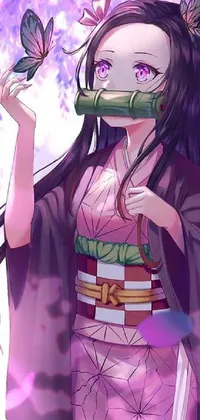 This phone live wallpaper features a stunning anime drawing of a woman wearing a traditional Japanese kimono