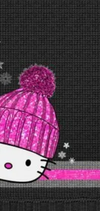 This phone live wallpaper features a cute rendering of Hello Kitty wearing a pink knitted hat against a black background